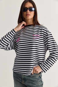 Kadın Çizgili Dijital Baskı Detaylı Oversize Uzun Kollu T-Shirt 925 60286558 - Beyaz-Siyah T-SHİRT modelleri