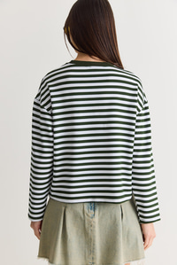 Kadın Çizgili Dijital Baskı Detaylı Oversize Uzun Kollu T-Shirt 925 60286558 - Beyaz-Yeşil T-SHİRT modelleri