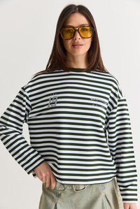 Kadın Çizgili Dijital Baskı Detaylı Oversize Uzun Kollu T-Shirt 925 60286558 - Beyaz-Yeşil T-SHİRT modelleri
