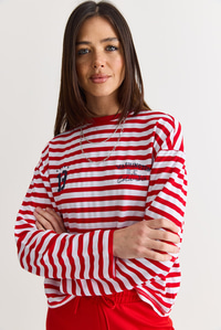 Kadın Çizgili Dijital Baskı Detaylı Oversize Uzun Kollu T-Shirt 925 60286558 - Beyaz-Kırmızı T-SHİRT modelleri