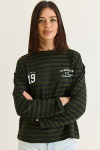 Kadın Çizgili Dijital Baskı Detaylı Oversize Uzun Kollu T-Shirt 925 60286558 - Yeşil-Siyah T-SHİRT modelleri