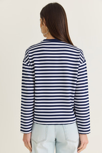 Kadın Çizgili Dijital Baskı Detaylı Oversize Uzun Kollu T-Shirt 925 60286558 - Lacivert-Ekru T-SHİRT modelleri