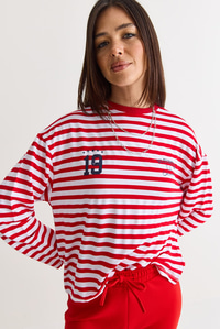 Kadın Çizgili Dijital Baskı Detaylı Oversize Uzun Kollu T-Shirt 925 60286558 - Beyaz-Kırmızı T-SHİRT modelleri