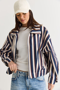 Kadın Çizgili Dik Yaka Cep Detaylı Pileli Fermuarlı Denim Ceket 7084 60286571 - Lacivert-Ekru CEKET modelleri