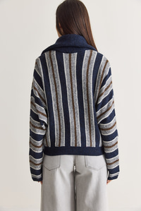 Kadın Çizgili Dik Yaka Çift Yönlü Fermuarlı Oversize Triko Hırka TH261048 60286719 - Lacivert HIRKA modelleri