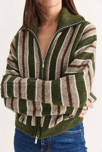 Kadın Çizgili Dik Yaka Çift Yönlü Fermuarlı Oversize Triko Hırka TH261048 60286719 - Haki HIRKA modelleri