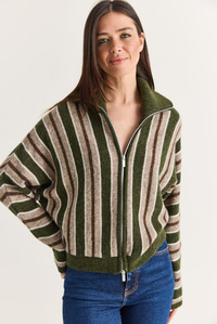 Kadın Çizgili Dik Yaka Çift Yönlü Fermuarlı Oversize Triko Hırka TH261048 60286719 - Haki HIRKA modelleri
