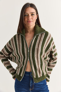 Kadın Çizgili Dik Yaka Çift Yönlü Fermuarlı Oversize Triko Hırka TH261048 60286719 - Haki HIRKA modelleri