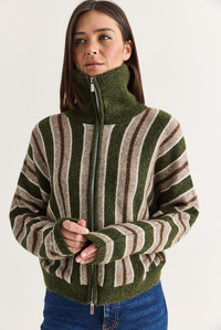 Kadın Çizgili Dik Yaka Çift Yönlü Fermuarlı Oversize Triko Hırka TH261048 60286719 - Haki HIRKA modelleri