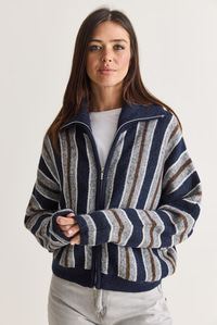 Kadın Çizgili Dik Yaka Çift Yönlü Fermuarlı Oversize Triko Hırka TH261048 60286719 - Lacivert HIRKA modelleri