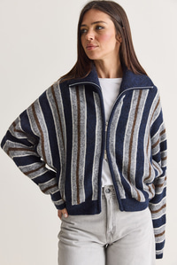 Kadın Çizgili Dik Yaka Çift Yönlü Fermuarlı Oversize Triko Hırka TH261048 60286719 - Lacivert HIRKA modelleri