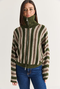 Kadın Çizgili Dik Yaka Çift Yönlü Fermuarlı Oversize Triko Hırka TH261048 60286719 - Haki HIRKA modelleri