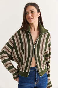 Kadın Çizgili Dik Yaka Çift Yönlü Fermuarlı Oversize Triko Hırka TH261048 60286719 - Haki HIRKA modelleri