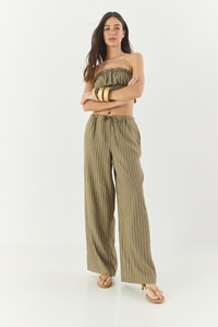 Kadın Çizgili Gipe Detaylı Crop Top Beli İpli Geniş Paça Pantolon Alt-Üst Takım 60283262 - Haki