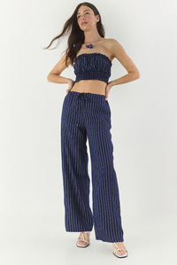 Kadın Çizgili Gipe Detaylı Crop Top Beli İpli Geniş Paça Pantolon Alt-Üst Takım 60283262 - Lacivert