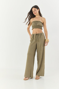 Kadın Çizgili Gipe Detaylı Crop Top Beli İpli Geniş Paça Pantolon Alt-Üst Takım 60283262 - Haki