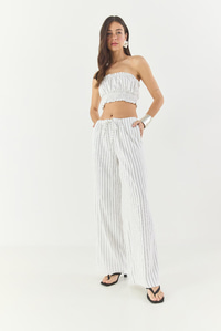 Kadın Çizgili Gipe Detaylı Crop Top Beli İpli Geniş Paça Pantolon Alt-Üst Takım 60283262 - Beyaz