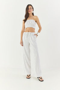 Kadın Çizgili Gipe Detaylı Crop Top Beli İpli Geniş Paça Pantolon Alt-Üst Takım 60283262 - Beyaz
