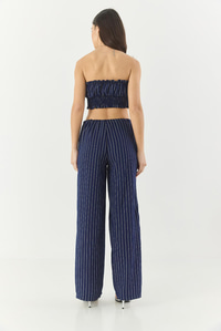 Kadın Çizgili Gipe Detaylı Crop Top Beli İpli Geniş Paça Pantolon Alt-Üst Takım 60283262 - Lacivert