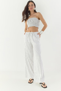 Kadın Çizgili Gipe Detaylı Crop Top Beli İpli Geniş Paça Pantolon Alt-Üst Takım 60283262 - Beyaz