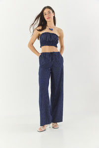 Kadın Çizgili Gipe Detaylı Crop Top Beli İpli Geniş Paça Pantolon Alt-Üst Takım 60283262 - Lacivert
