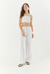 Kadın Çizgili Gipe Detaylı Crop Top Beli İpli Geniş Paça Pantolon Alt-Üst Takım 60283262 - Beyaz