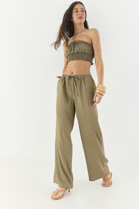 Kadın Çizgili Gipe Detaylı Crop Top Beli İpli Geniş Paça Pantolon Alt-Üst Takım 60283262 - Haki
