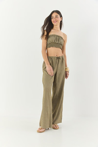 Kadın Çizgili Gipe Detaylı Crop Top Beli İpli Geniş Paça Pantolon Alt-Üst Takım 60283262 - Haki