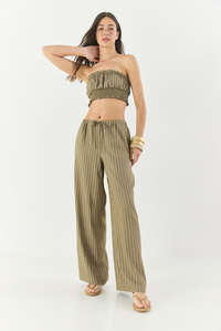 Kadın Çizgili Gipe Detaylı Crop Top Beli İpli Geniş Paça Pantolon Alt-Üst Takım 60283262 - Haki