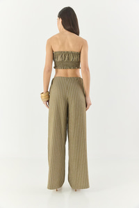 Kadın Çizgili Gipe Detaylı Crop Top Beli İpli Geniş Paça Pantolon Alt-Üst Takım 60283262 - Haki
