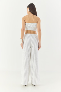 Kadın Çizgili Gipe Detaylı Crop Top Beli İpli Geniş Paça Pantolon Alt-Üst Takım 60283262 - Beyaz