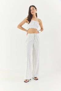 Kadın Çizgili Gipe Detaylı Crop Top Beli İpli Geniş Paça Pantolon Alt-Üst Takım 60283262 - Beyaz