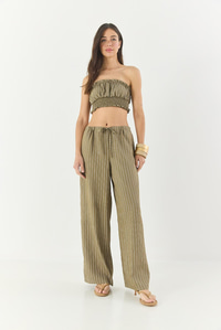 Kadın Çizgili Gipe Detaylı Crop Top Beli İpli Geniş Paça Pantolon Alt-Üst Takım 60283262 - Haki