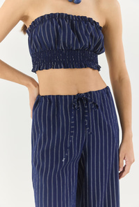 Kadın Çizgili Gipe Detaylı Crop Top Beli İpli Geniş Paça Pantolon Alt-Üst Takım 60283262 - Lacivert