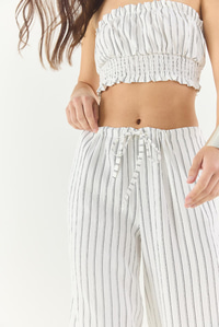 Kadın Çizgili Gipe Detaylı Crop Top Beli İpli Geniş Paça Pantolon Alt-Üst Takım 60283262 - Beyaz