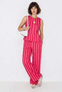 Kadın Çizgili Kolsuz Bluz Beli Lastikli Cep Detaylı Bol Paça Pantolon Takım 4174 60286441 - Pembe ALT - ÜST TAKIM modelleri