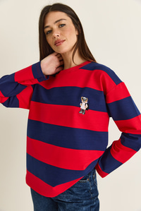 Kadın Çizgili Nakış Detaylı Oversize Sweatshirt 6206 60286534 - Kırmızı-Lacivert SWEATSHİRT modelleri