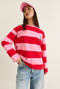 Kadın Çizgili Nakış Detaylı Oversize Sweatshirt 6206 60286534 - Pembe-Kırmızı SWEATSHİRT modelleri