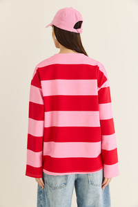 Kadın Çizgili Nakış Detaylı Oversize Sweatshirt 6206 60286534 - Pembe-Kırmızı SWEATSHİRT modelleri