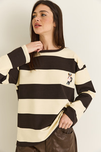 Kadın Çizgili Nakış Detaylı Oversize Sweatshirt 6206 60286534 - Kahverengi-Bej SWEATSHİRT modelleri