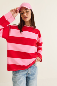 Kadın Çizgili Nakış Detaylı Oversize Sweatshirt 6206 60286534 - Pembe-Kırmızı SWEATSHİRT modelleri