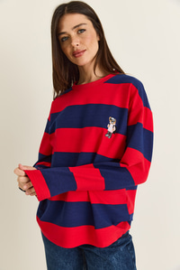 Kadın Çizgili Nakış Detaylı Oversize Sweatshirt 6206 60286534 - Kırmızı-Lacivert SWEATSHİRT modelleri
