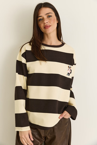 Kadın Çizgili Nakış Detaylı Oversize Sweatshirt 6206 60286534 - Kahverengi-Bej SWEATSHİRT modelleri