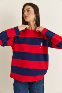 Kadın Çizgili Nakış Detaylı Oversize Sweatshirt 6206 60286534 - Kırmızı-Lacivert SWEATSHİRT modelleri