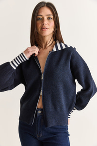 Kadın Çizgili Şal Yaka Çift Yönlü Fermuarlı Oversize Triko Hırka TH261088 60286728 - Lacivert HIRKA modelleri