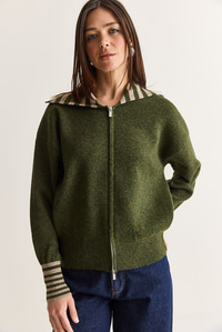 Kadın Çizgili Şal Yaka Çift Yönlü Fermuarlı Oversize Triko Hırka TH261088 60286728 - Haki HIRKA modelleri