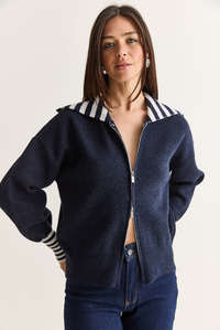 Kadın Çizgili Şal Yaka Çift Yönlü Fermuarlı Oversize Triko Hırka TH261088 60286728 - Lacivert HIRKA modelleri
