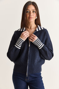 Kadın Çizgili Şal Yaka Çift Yönlü Fermuarlı Oversize Triko Hırka TH261088 60286728 - Lacivert HIRKA modelleri