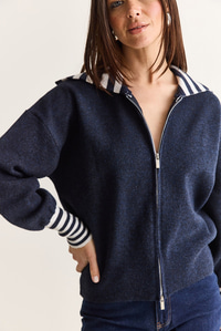 Kadın Çizgili Şal Yaka Çift Yönlü Fermuarlı Oversize Triko Hırka TH261088 60286728 - Lacivert HIRKA modelleri