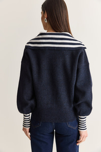 Kadın Çizgili Şal Yaka Çift Yönlü Fermuarlı Oversize Triko Hırka TH261088 60286728 - Lacivert HIRKA modelleri